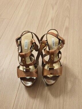 Pre-loved Brown Leather Guess Ormandi 5" Platform Gladiator Heels Sz 6.5